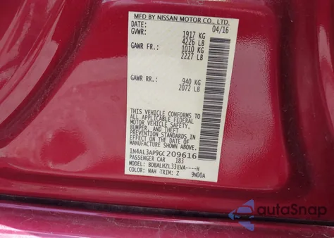 2016 Nissan Altima 2.5 Sr z USA, uszkodzony, nr VIN 1N4AL3AP9GC209616